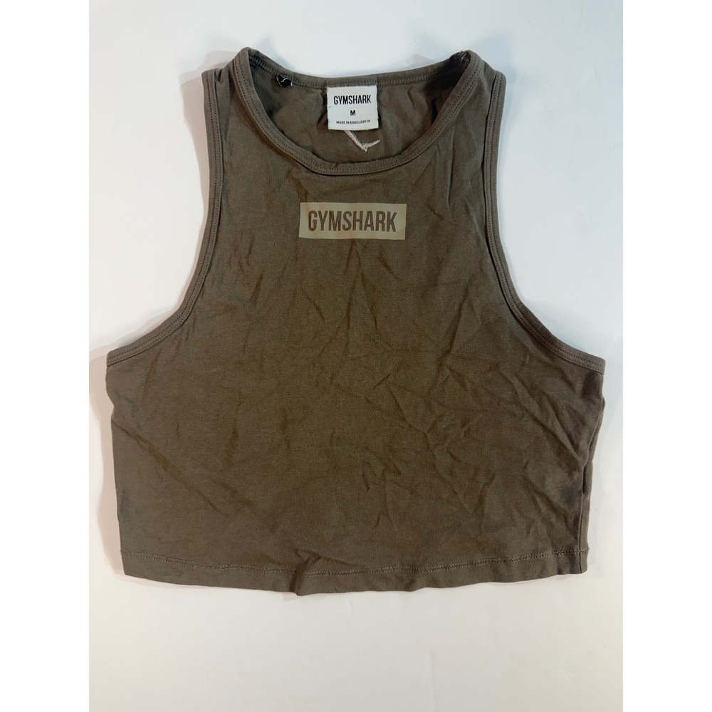 Gymshark Womens Cropped Tank Top Olive Green Logo Athletic Gym Shirt Medium